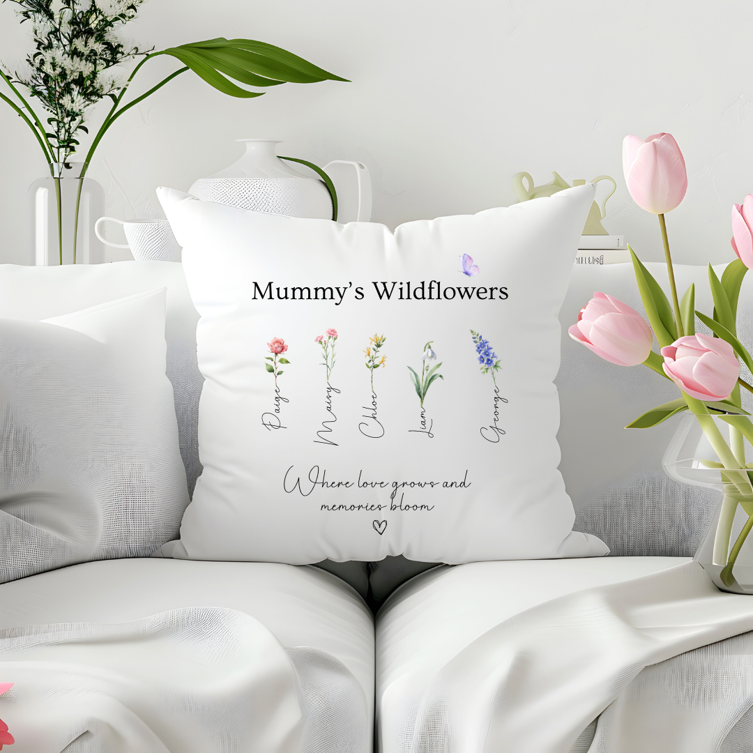 Personalised Mum Cushion with Birth Flowers & Names